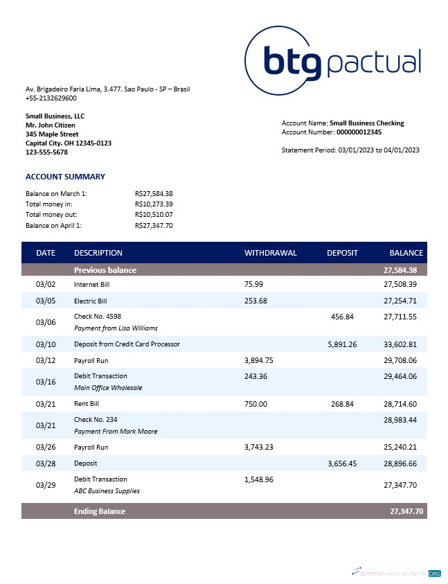 Download BTG Pactual Bank business checking account statement Word and PDF template Photoshop template
